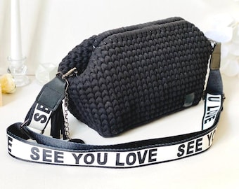 Handmade Crochet Bag with Colorful Strap – Durable Knitted Yarn, Hidden Closure, Top Handle