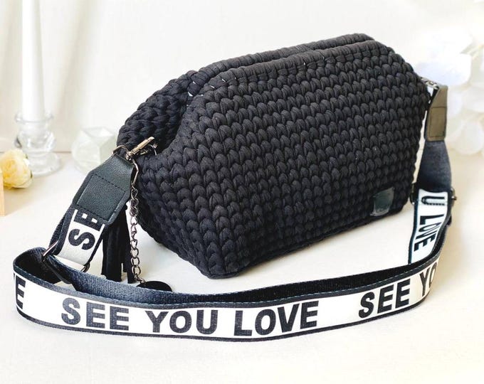 Handmade Crochet Bag with Colorful Strap – Durable Knitted Yarn, Hidden Closure, Top Handle