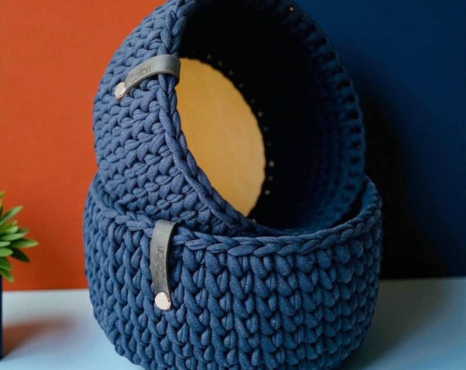 Dark Blue Crochet Basket, Handmade Knitted Cord, Nursery Decor