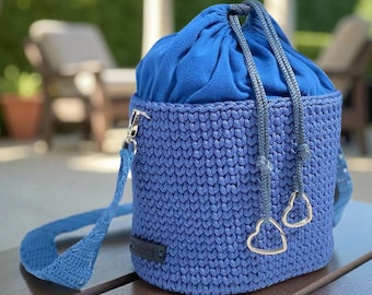 Trendy Crochet Bucket Bag with Fabric Insert, Denim Blue, Adjustable Strap, Heart-Shaped Hardware