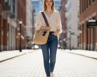 Handmade Crochet Jute Bag – Bucket Bag with MDF Bottom & Colorful Strap