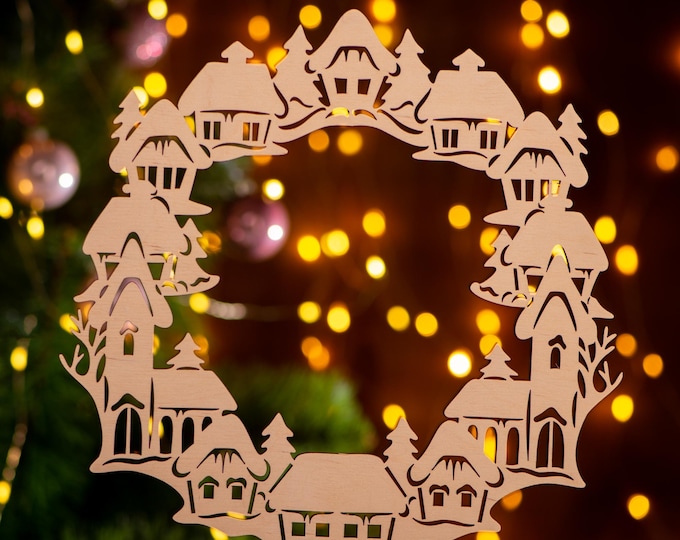 Christmas Village Wreath | digital laser‑cutting template | cdr dxf svg pdf eps