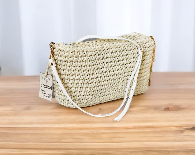 Handmade Crochet Shoulder Bag – Cream Crossbody Purse with Zipper, White Strap, Gold Hardware – Gift for Her, Elegant Boho Bag