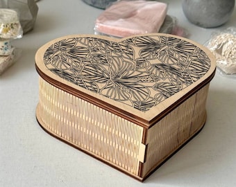Handcrafted Heart-Shaped Wooden Box with Floral Engraving – Eco-Friendly Storage for Jewelry, Crafts, and Keepsakes