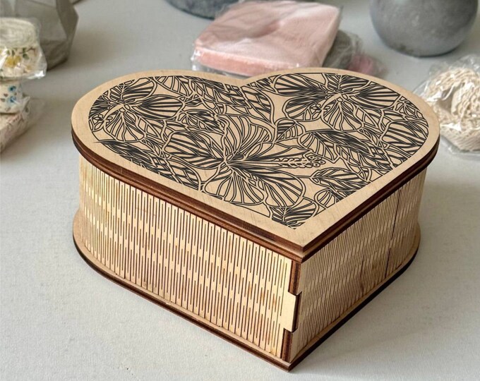 Handcrafted Heart-Shaped Wooden Box with Floral Engraving – Eco-Friendly Storage for Jewelry, Crafts, and Keepsakes