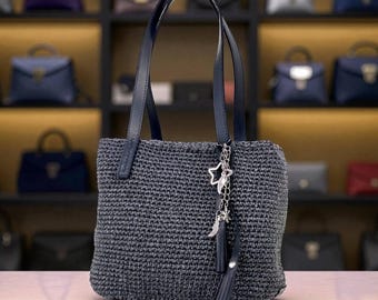 Handmade Black and Gray Crochet Bag, Zipper Closure, Leather Handles, Stylish Pendant, Compact Size