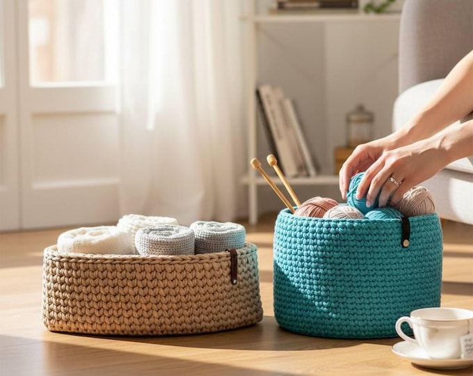 Handmade Crochet Basket with Wooden Base | Blue Decorative Storage Basket | Home & Nursery Organizer