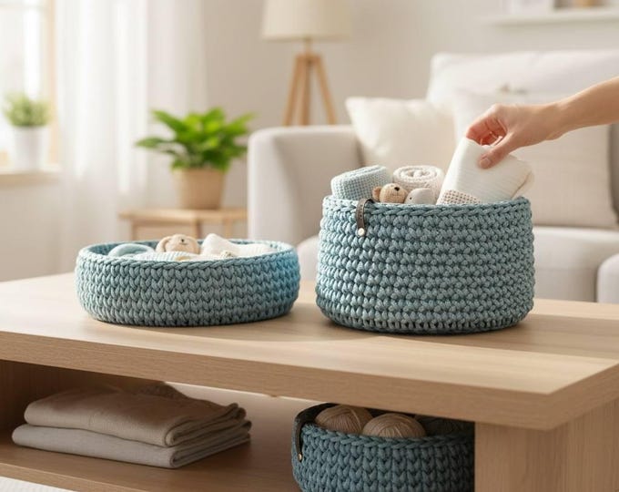 Handmade Sky Blue Crochet Basket, Propylene Cord, Plywood Bottom