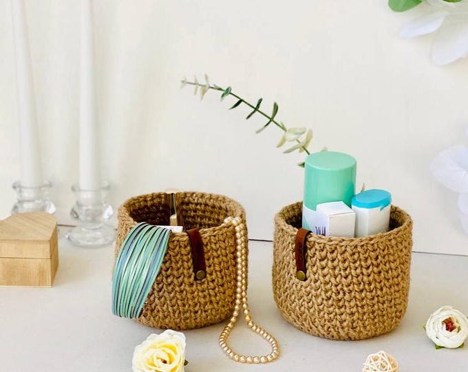 Handmade Jute Storage Baskets | Small Crochet Baskets with Wooden Base | Perfect for Organizing | Gift for Mom, Wife, Daughter, or Sister