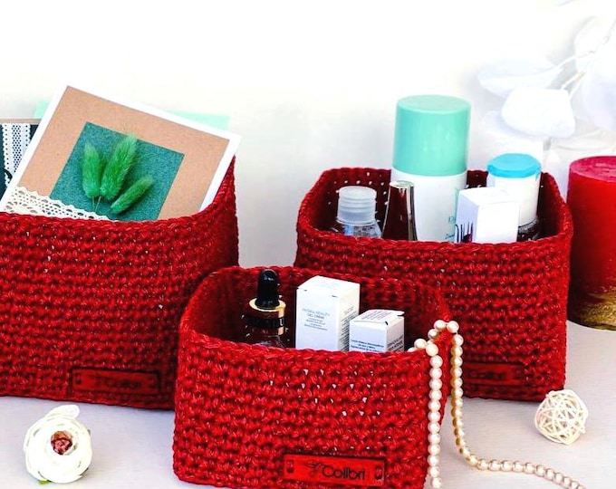 Terracotta Red Crochet Storage Baskets Set, Square with Plywood Base and Leather Insert – Perfect for Christmas Gift or Holiday Decor