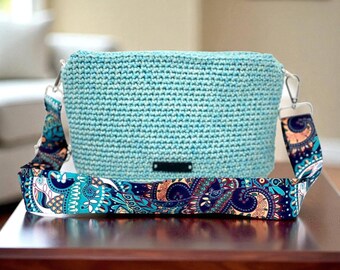 Hand Crocheted Propylene Bag, Blue Zipper Clutch with Colorful Strap