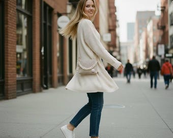 Modern Gray-Beige Crochet Handbag with Top Handle - Handmade Luxury Accessory