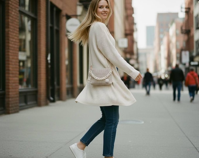 Modern Gray-Beige Crochet Handbag with Top Handle - Handmade Luxury Accessory
