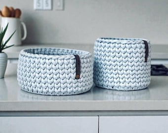 Handmade Crochet Basket: Gray Yarn Basket with Plywood Base