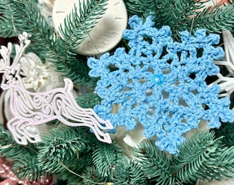 Handcrafted Sparkling Snowflake blue Set: Pack of 5 Crocheted Ornaments | Christmas Decorations, Holiday Gift, Crafted Winter