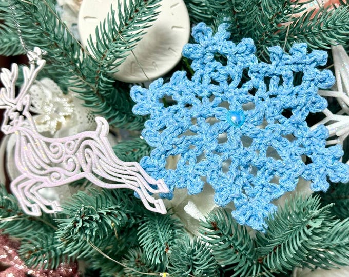 Handcrafted Sparkling Snowflake blue Set: Pack of 5 Crocheted Ornaments | Christmas Decorations, Holiday Gift, Crafted Winter
