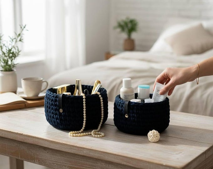 Dark Blue Crochet Basket, Handmade Knitted Cord, Nursery Decor