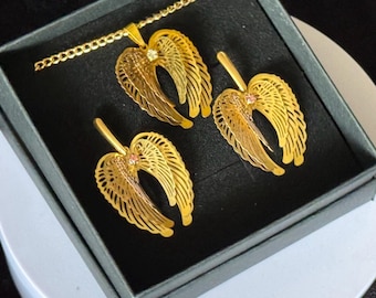 Gold Angel Wing Jewelry Set – Necklace & Earrings, Handmade Boho Jewelry, Elegant Wing Pendant, Gift for Her