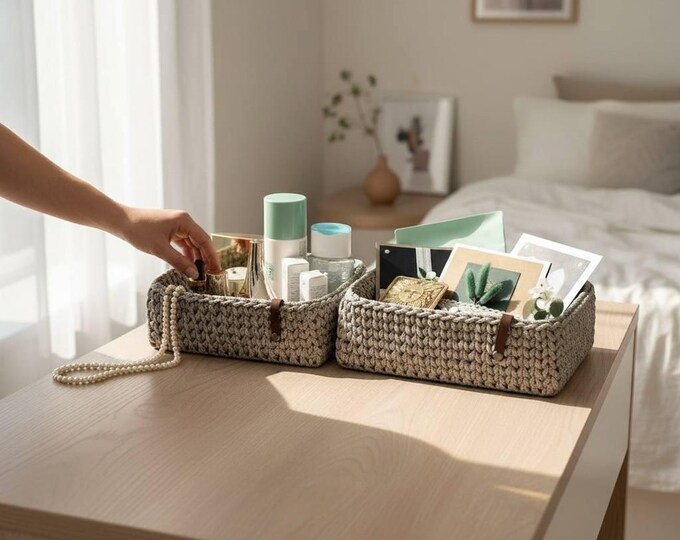 Handmade Ash Gray Crocheted Basket, Interior Storage, Baby Basket