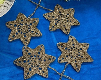 Handcrafted Crochet Golden Lurex Snowflakes - Set of 4