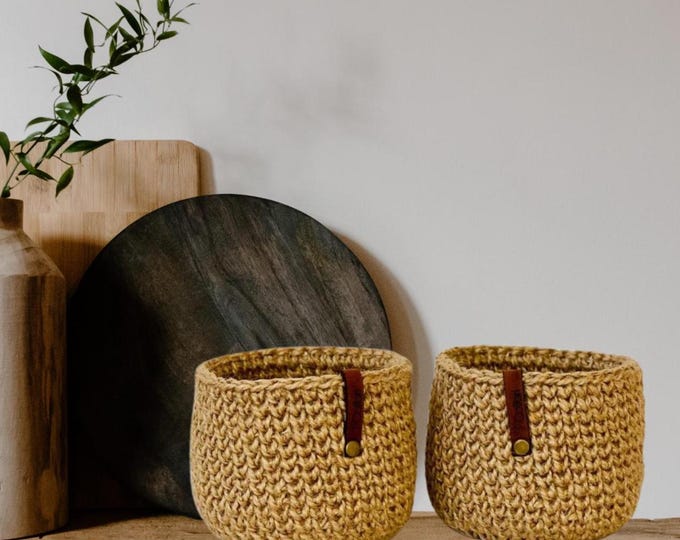 Handmade Jute Storage Baskets | Small Crochet Baskets with Wooden Base | Perfect for Organizing | Gift for Mom, Wife, Daughter, or Sister