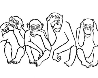 Impression de singes, trois singes de la sagesse, 3 singes, linogravure de singe, édition limitée, cadeau unique, imprimé à la main