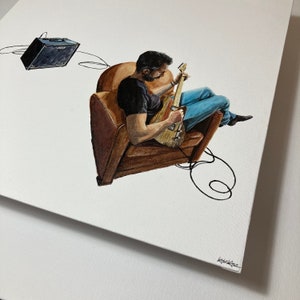 Pintura de guitarrista, pintura de guitarra, pintura de guitarra original, decoração musical, pintura moderna, aquarela minimalista, músico