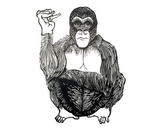 Gorille, impression de singe, linogravure originale, édition limitée, cadeau unique, imprimé à la main, art unique, art animalier