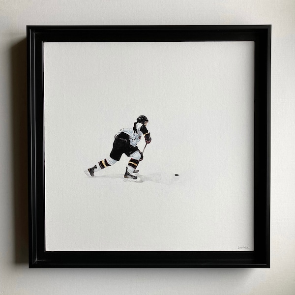 Peinture à l’aquarelle de hockey, style minimaliste, noir et blanc, tableau encadrée, cadeau pour un fan de sport