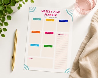 Afdrukbare wekelijkse maaltijdplanner | Sjabloon Maaltijdplanning | Boodschappenlijstje | A4-pdf-bestand | Digitale download | Keukenplanner