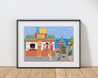 Seaside Seagull & Fish and Chips Art Print: Coastal Home Decor