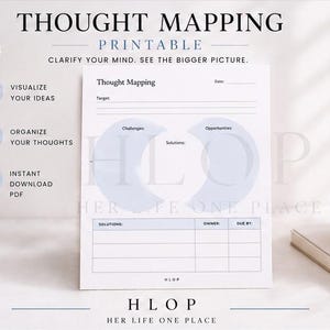 May include: A printable "Thought Mapping" worksheet with the text "Clarify Your Mind. See the Bigger Picture." The design includes sections for challenges, solutions, and opportunities. A vase with dried flowers and a candle in a glass holder are in the background.