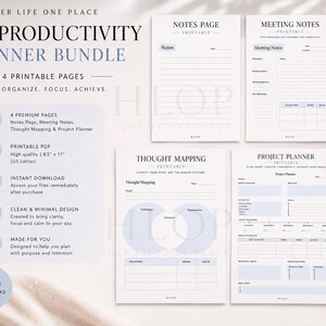 May include: A soft productivity planner bundle with four printable pages. The bundle includes a notes page, meeting notes, thought mapping, and a project planner. The design is clean and minimal, with a focus on clarity and organization. The pages are 21.6 cm x 27.9 cm (US Letter).