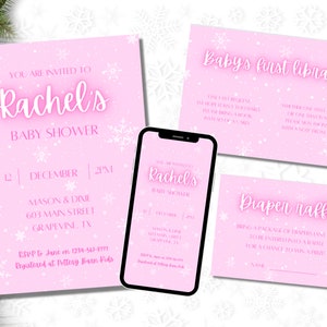 Invitation de baby shower de Noël rose Baby shower de flocon de neige Invitation de baby shower de décembre Invitation de baby shower d'hiver Petit flocon de neige