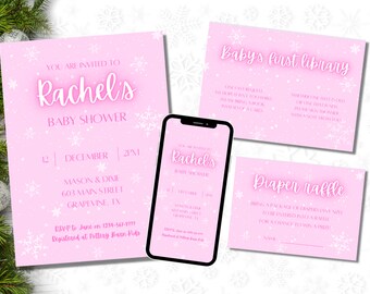 Könnte beinhalten: Rosa Baby Shower Einladungen mit einem Schneeflocken-Design. Die Einladungen beinhalten den Namen "Rachel's Baby Shower", das Datum und die Uhrzeit der Veranstaltung, den Ort und die RSVP-Informationen. Es gibt auch eine separate Karte für eine Windel-Tombola.