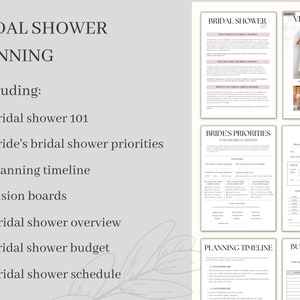 May include: A printable bridal shower planning guide with sections for bridal shower 101, bride's priorities, planning timeline, vision boards, overview, budget, and schedule.