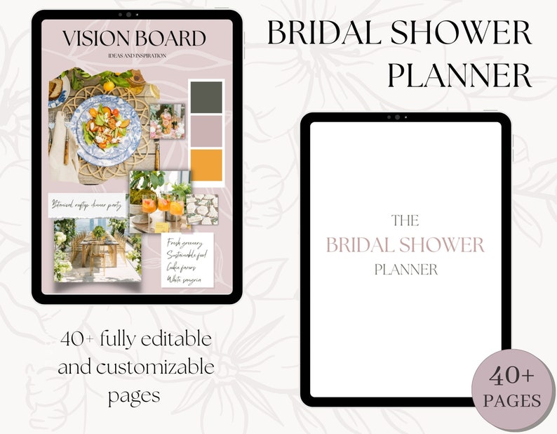 May include: A digital planner for a bridal shower with a pink and white floral design. The cover features the text "The Bridal Shower Planner" and a pink circle with the text "40+ Pages".