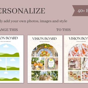 May include: Three vision board templates with different themes. The first template has a simple design with green hills and blue clouds. The second template features a botanical theme with a floral arrangement and a blue and white plate. The third template has a prosecco and petals theme with a table setting and a variety of food items.