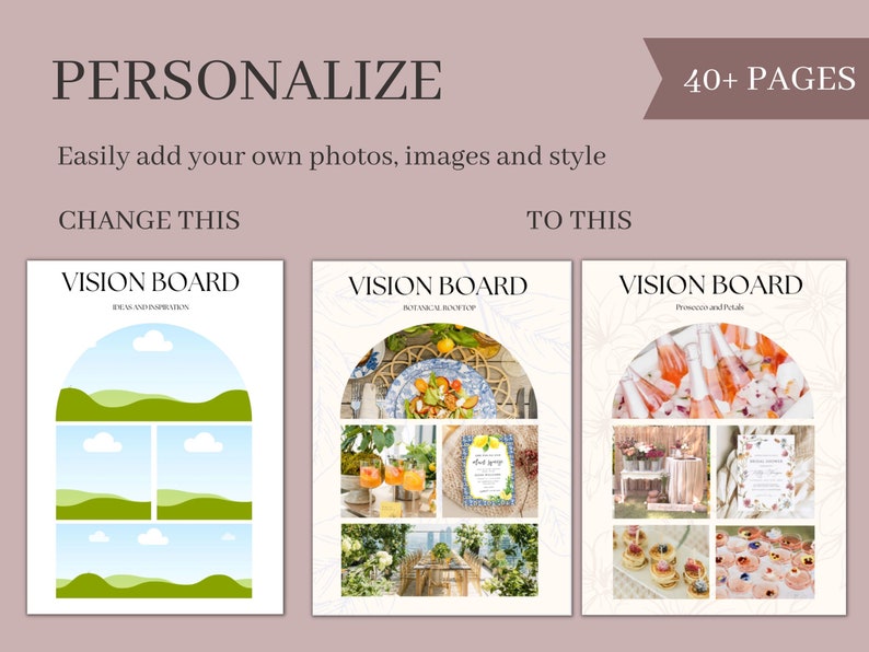 May include: Three vision board templates with different themes. The first template has a simple design with green hills and blue clouds. The second template features a botanical theme with a floral arrangement and a blue and white plate. The third template has a prosecco and petals theme with a table setting and a variety of food items.