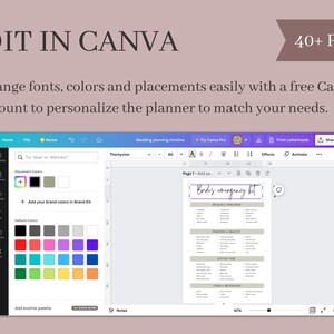 May include: A screenshot of a Canva design template for a wedding planner. The template is open in the Canva editor and shows a page titled "Brides Emergency Kit" with a list of items to pack for a wedding day. The template is customizable with different fonts, colors, and placements.