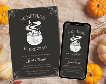 May include: A black and white baby shower invitation with a cauldron and the text "Something is Brewing". The invitation includes the name Jessica Smith, the date and time of the shower, and the address. It also includes the RSVP information and the registry information.