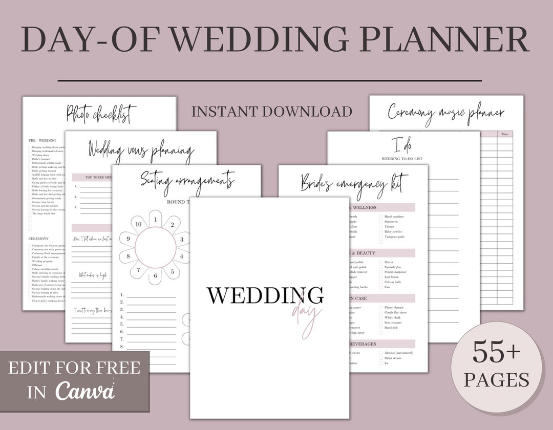 Editable blush day of wedding planner personalize printable planner