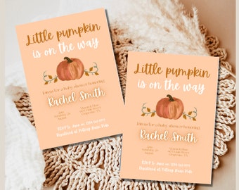 May include: Two peach-colored baby shower invitations with the text "Little pumpkin is on the way" and a watercolor illustration of a pumpkin. The invitations are for Rachel Smith and include the date, time, and location of the shower. RSVP information is also included.
