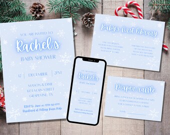 Può includere: Un invito a una baby shower blu e bianco con fiocchi di neve. L'invito dice "Sei invitato alla baby shower di Rachel" e include la data, l'ora, il luogo e le informazioni RSVP.
