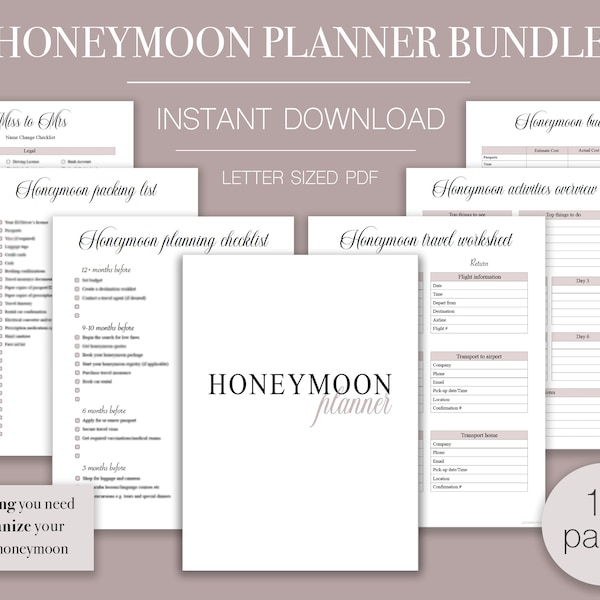 Printable Honeymoon Planner Bundle, Vacation Planner, Editable Travel Planner, Trip Itinerary Planner, Destination Wedding Planning