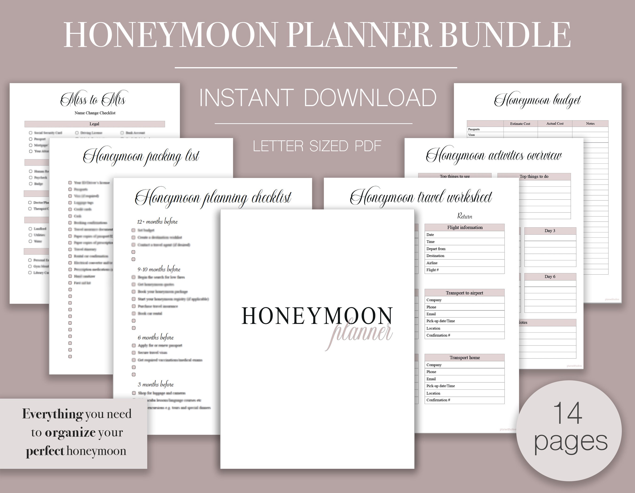 Printable Honeymoon Planner Bundle, Vacation Planner, Editable Travel