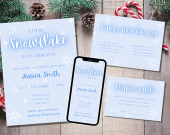 Può includere: Un invito a una festa di nascita blu e bianco con fiocchi di neve e il testo "A Little Snowflake is on Their Way". L'invito include il nome Jessica Smith, la data 12 dicembre, l'ora 14:00 e la posizione Mason & Dive, 601 Main Street, Grapevine, IN. Sono incluse anche le informazioni RSVP.