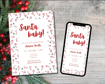 May include: A white baby shower invitation with a red and white candy cane pattern. The text "Santa Baby!" is in red cursive font. The invitation includes the name "Jessica Smith" and the date "December" with a time of "2PM".