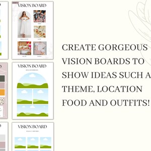 May include: Four examples of vision boards with different themes. Each board has a title that says "Vision Board" and is divided into sections with images and text. The text on the boards includes the words "Theme, Location, Food, and Outfits".