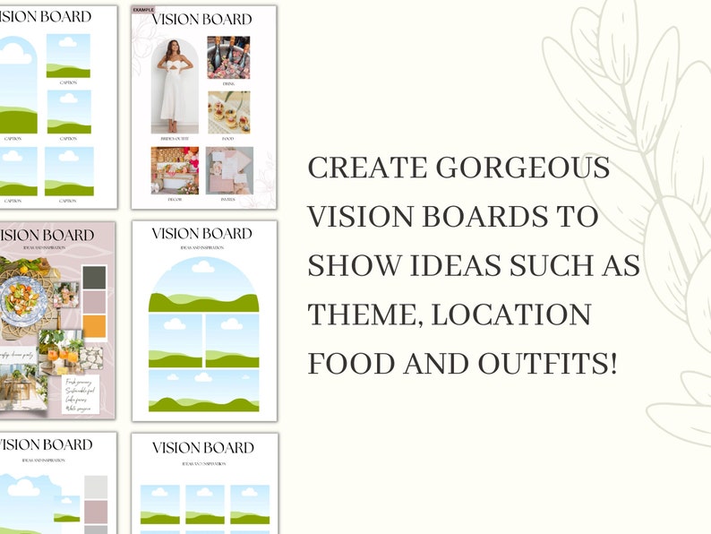 May include: Four examples of vision boards with different themes. Each board has a title that says "Vision Board" and is divided into sections with images and text. The text on the boards includes the words "Theme, Location, Food, and Outfits".
